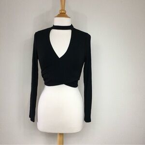 NWOT New Shelly Black Faux Wrap Long Sleeve Stretchy Balletcore Crop Top Size L
